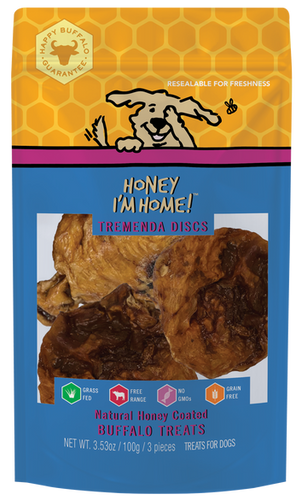 Honey I'm Home! Natural Honey Coated Buffalo Dog Treats Tremenda Discs Puffs